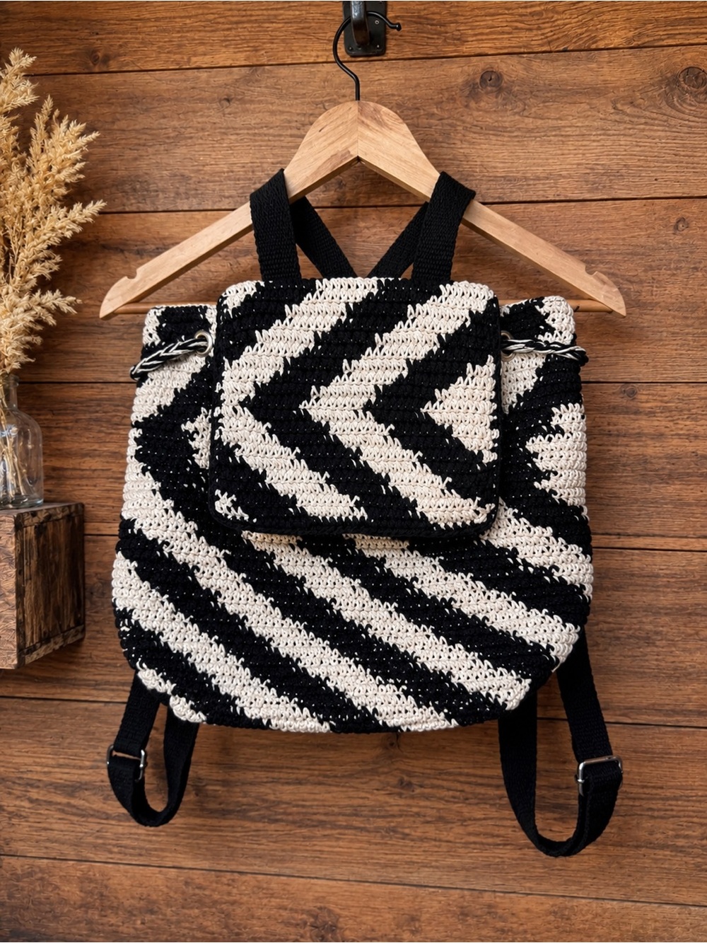 Wild Fable Black & Cream Crochet Boho Backpack Bag Purse